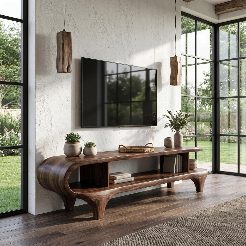 Contemporary Wooden TV Cabinet, Handcrafted Organic Curved Frame Media Console for Living Room TV Stand, Model