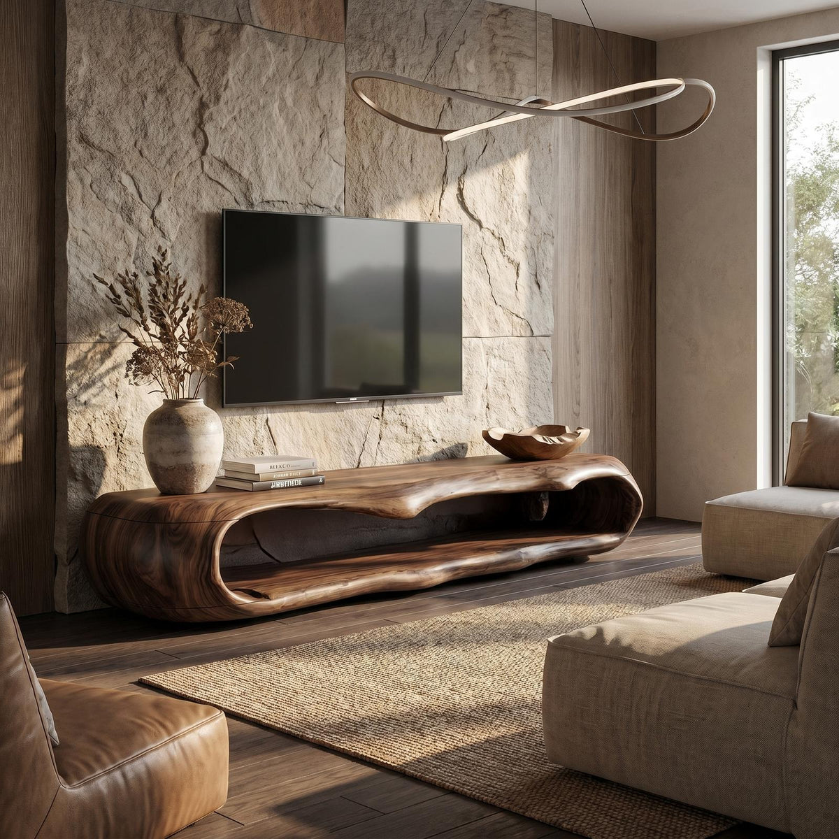 Sculptural Wood TV Cabinet, Handcrafted Nature-Inspired Artistic Media Console Credenza for Living Room, Model