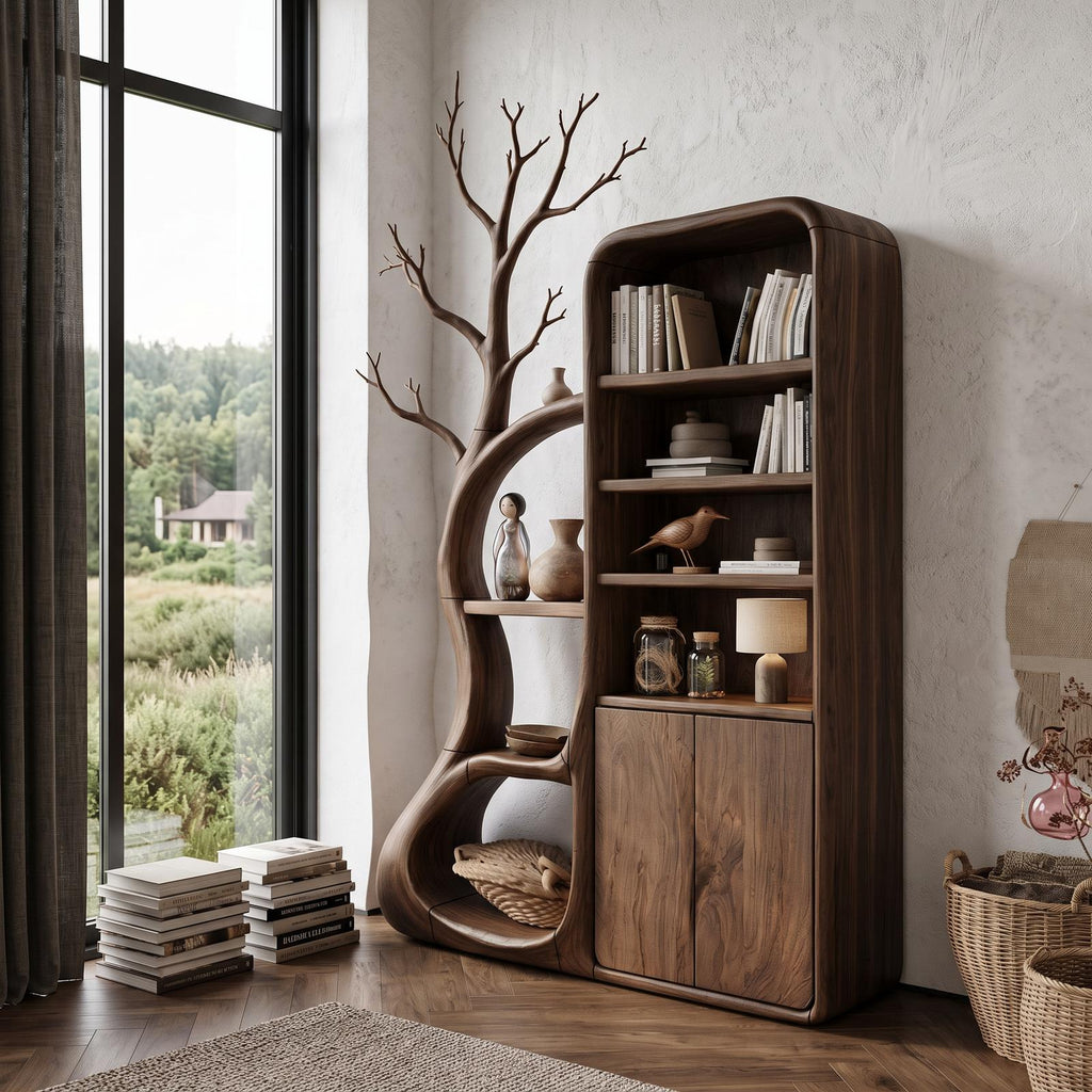 Rustic Tree Cabinet With Branch Inspired Shelving For Reading Room