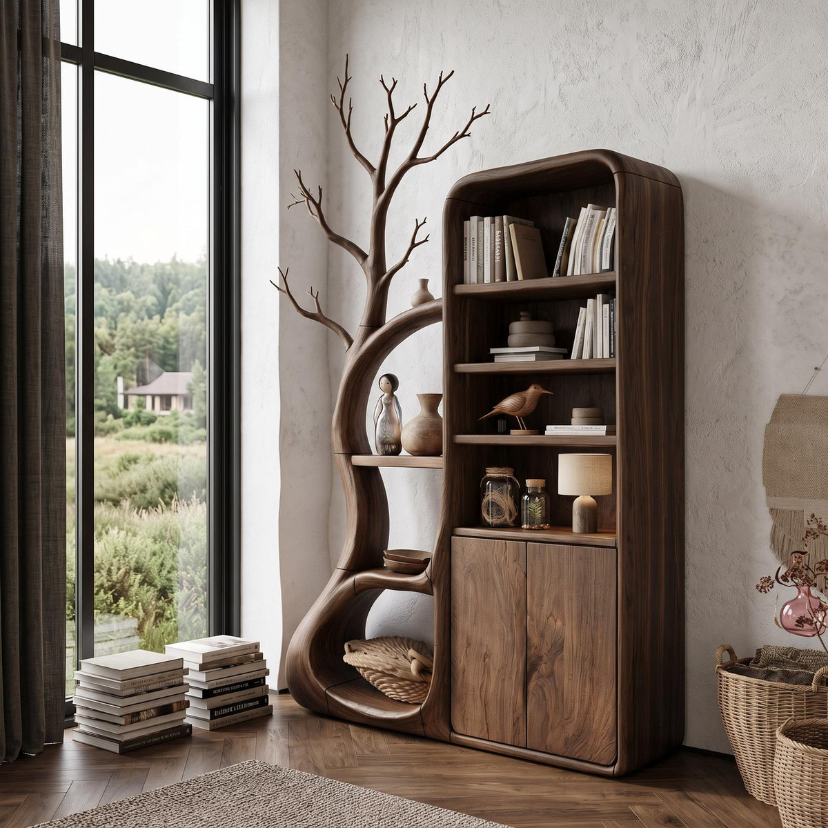 Rustic Tree Cabinet With Branch Inspired Shelving For Reading Room
