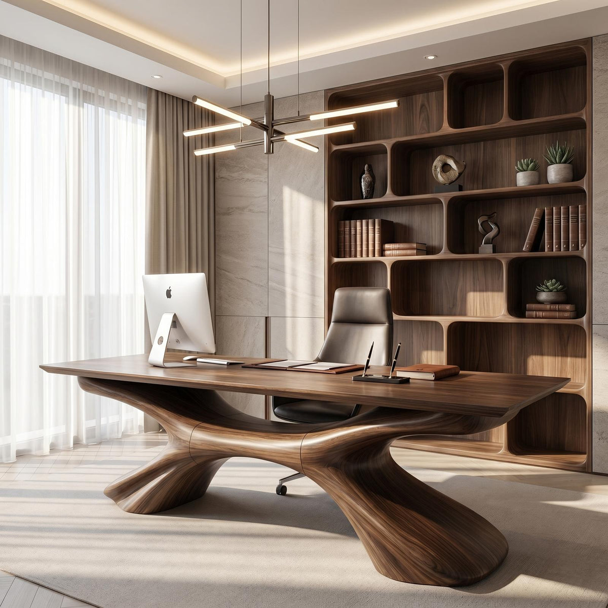 Modern Executive Desk, Handcrafted Sculptural Solid Wood Home Office Computer Writing Workstation Table, Model