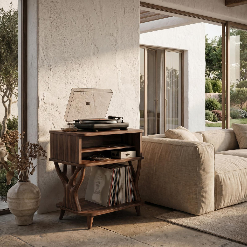 Organic Record Player Stand, Solid Wood Turntable Table with Drawer Storage & Vinyl Shelf