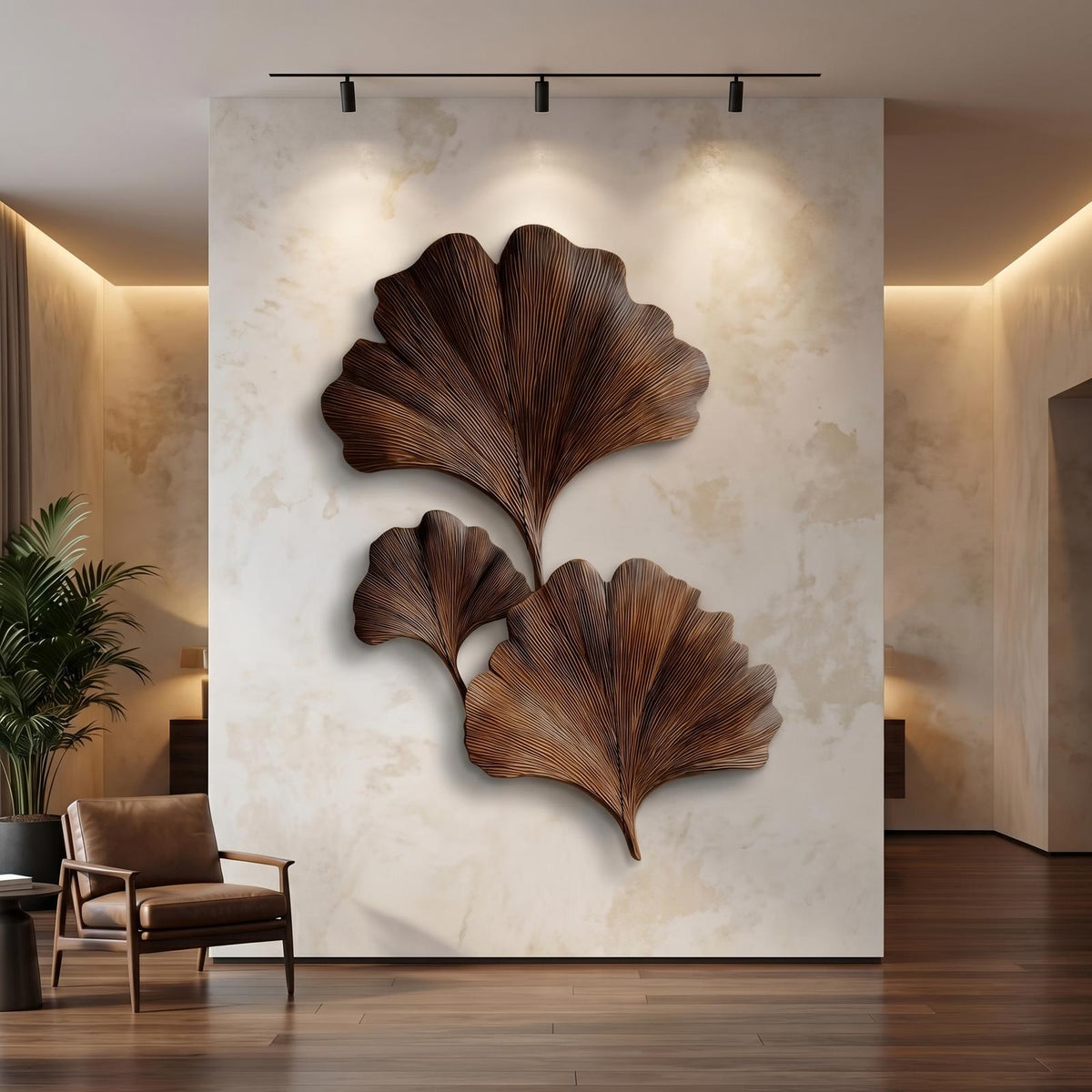 Spry Interior Sculptural Ginkgo Leaf Wood Wall Art, Handcrafted Abstract Botanical Wooden Sculpture for Living Room & Bedroom, SINLHAWD066