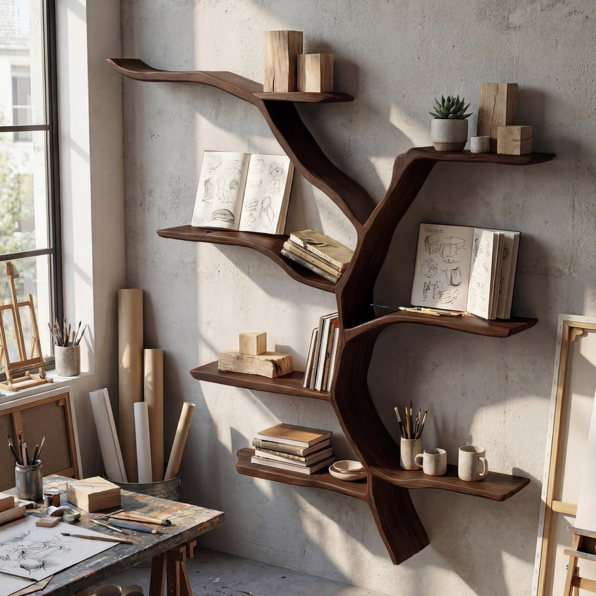 Mid Century Wooden Wall Shelf, Handcrafted Solid Wood Floating Storage Rack, Modern Wall Display Ledge Bookshelf for Living Room