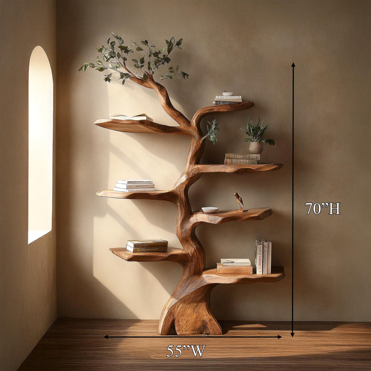 Rustic Sculptural Branch Bookcase, Space-Saving Solid Wood Tree Storage Rack for Living Room Interiors