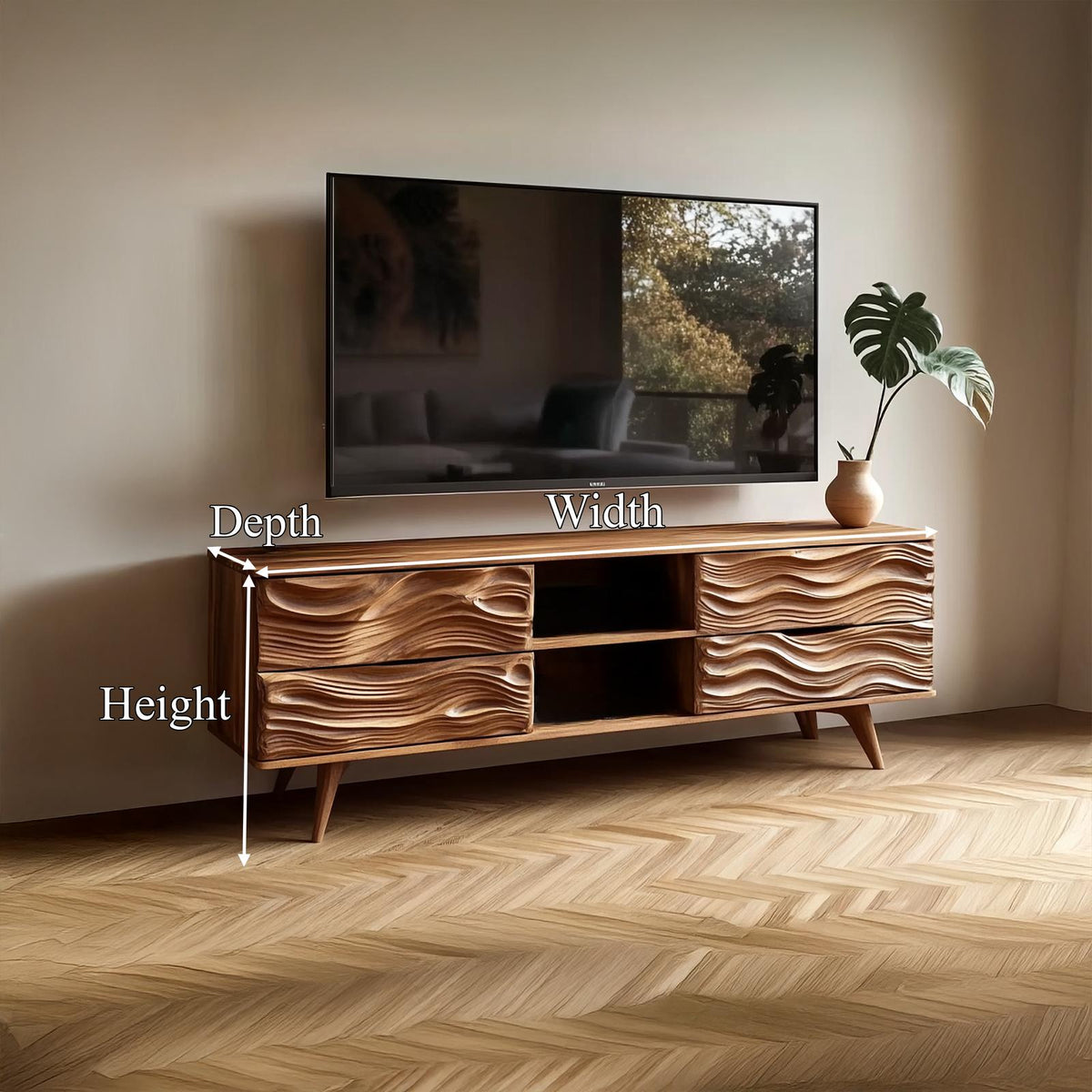 Mid Century Organic Modern TV Stand, Solid Wood Living Room Media Console & Office Storage Cabinet, Model