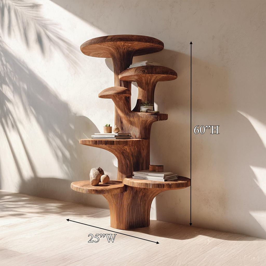 Nature Mushroom Inspired Wood Tree Accent Shelf, Handcrafted Floating Branch Wall Display for Living Room Gallery
