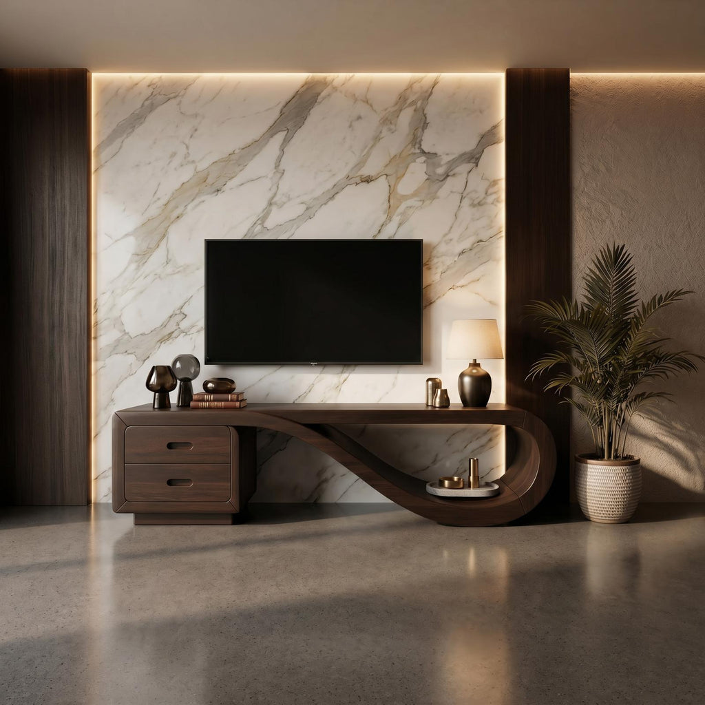Luxury Sculptural Media Console Marble Accent Wall