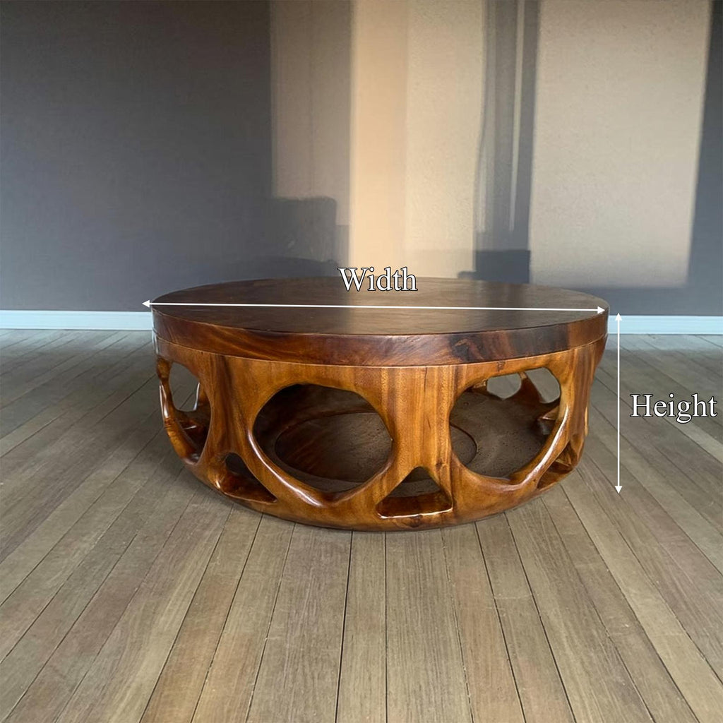 Mid Century Wooden Round Coffee Table, Handcrafted Solid Wood Circular Center Table, Modern Living Room Accent Decor