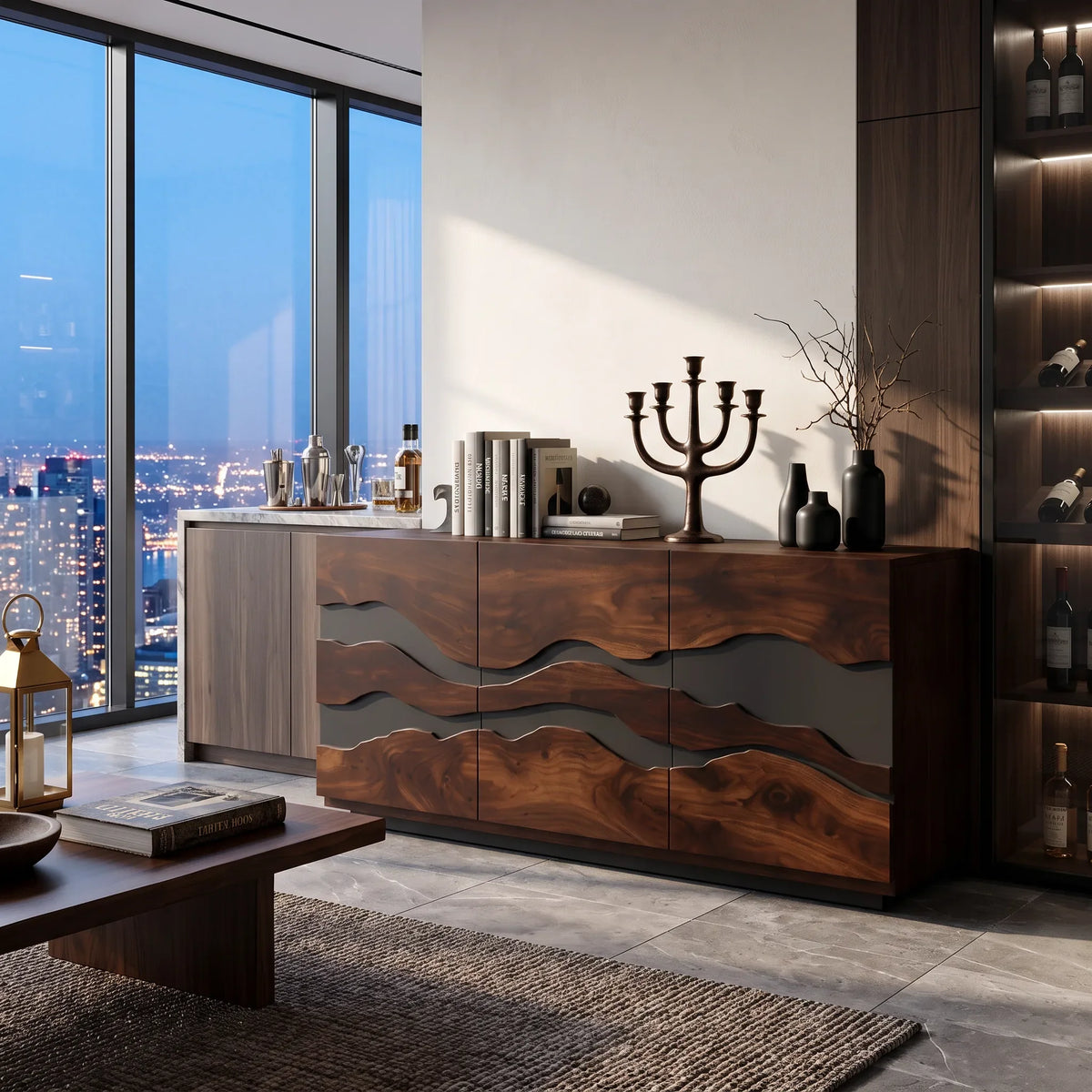 Modern Wave Carved Liquor Cabinet Dining Room