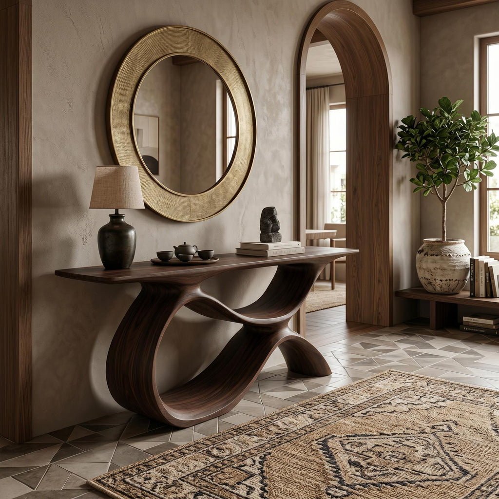 Modern Wooden Console Table with Curved Open Storage, Handcrafted Entryway Table for Hallway & Living Room, Model