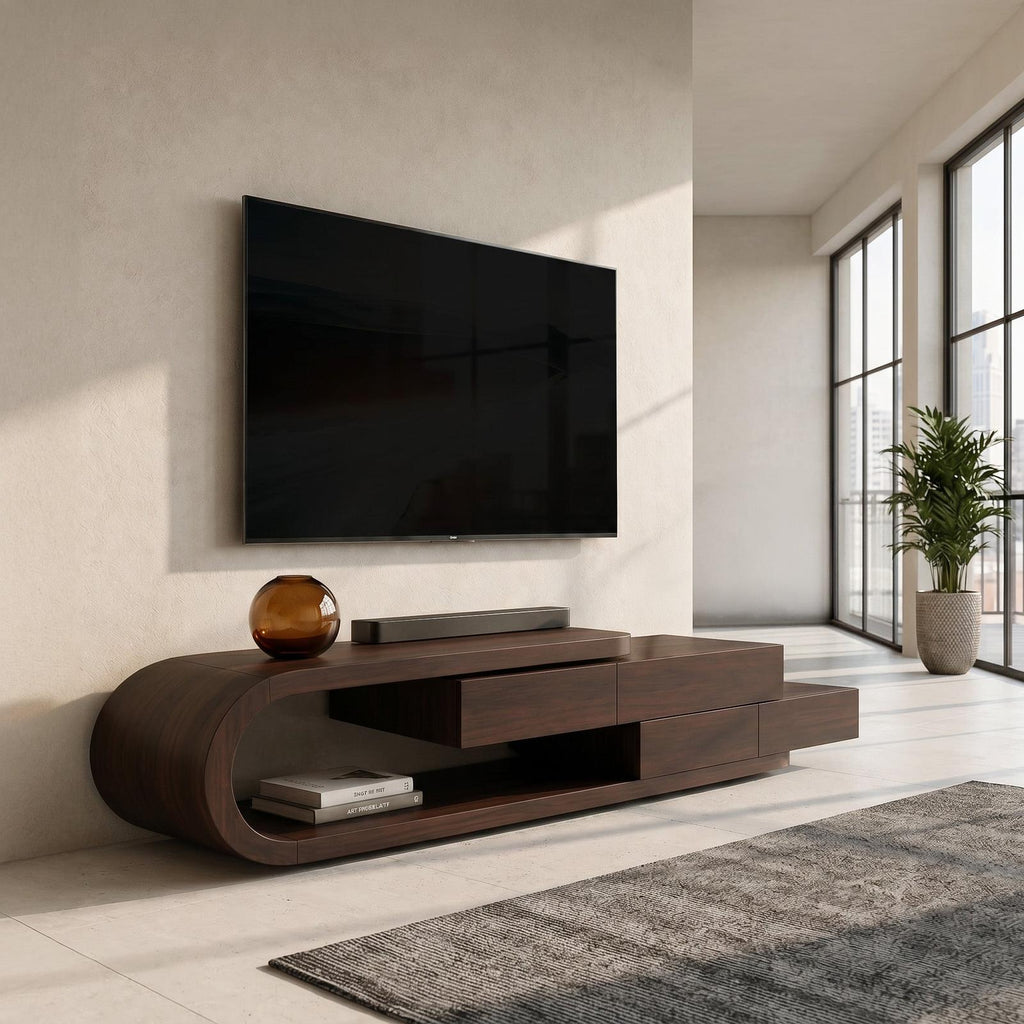 Contemporary Rounded TV Console With 2 Tiers For Living Room