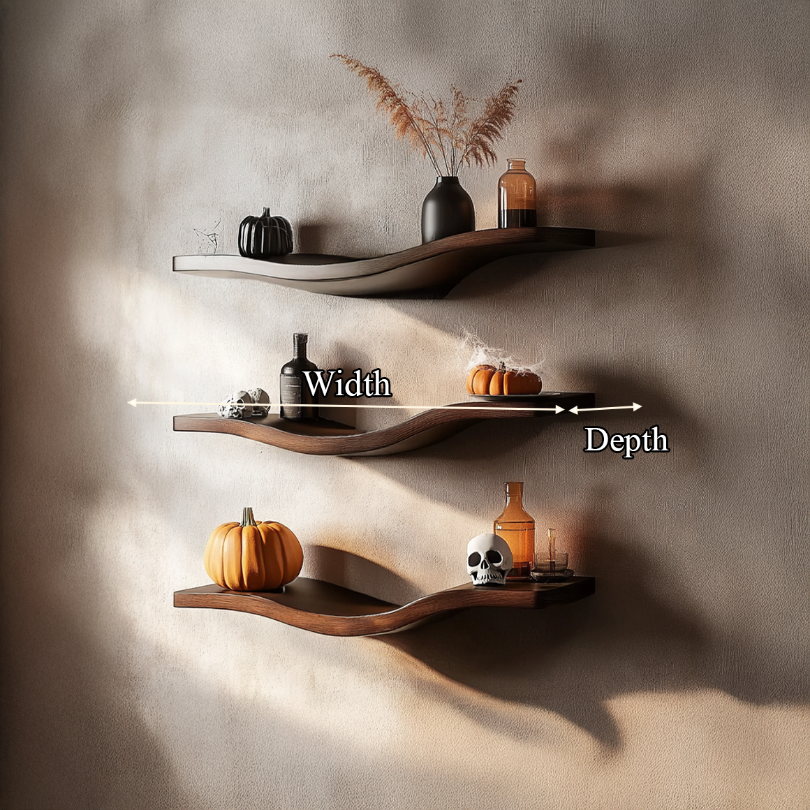 Mid Century Wavy Floating Shelf, Handcrafted Halloween Curved Wood Wall Mounted Display Shelf for Living Room