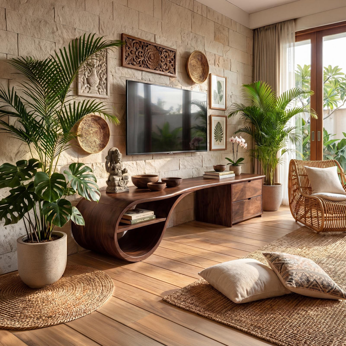 Scandinavian Organic Wood TV Console, Modern TV Stand and Entertainment Center Cabinet for Living Room