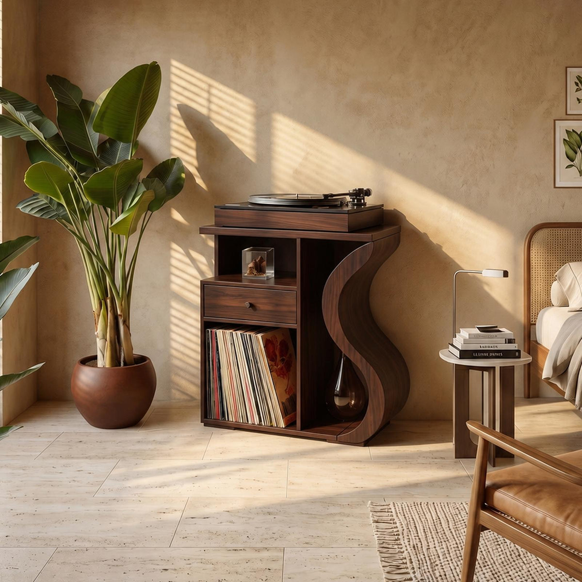 Spry Interior Organic Wave Wood Vinyl Record Cabinet, Handcrafted Boho Chic Turntable Console Stand with LP Storage, Model SILDTTRRPT040