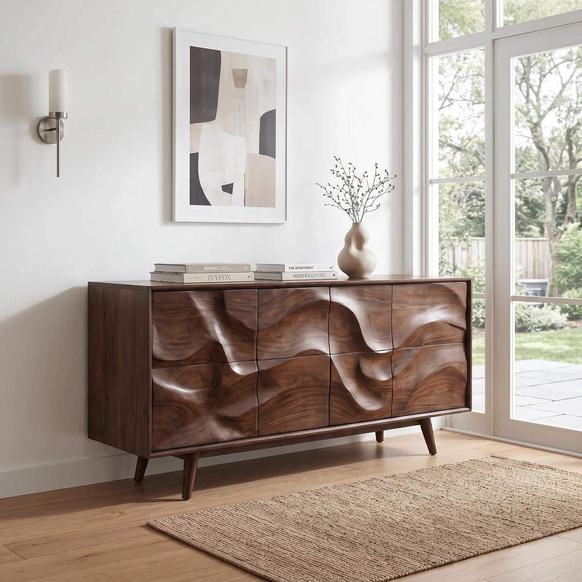 Mid Century Wave Carved Sideboard Living Room