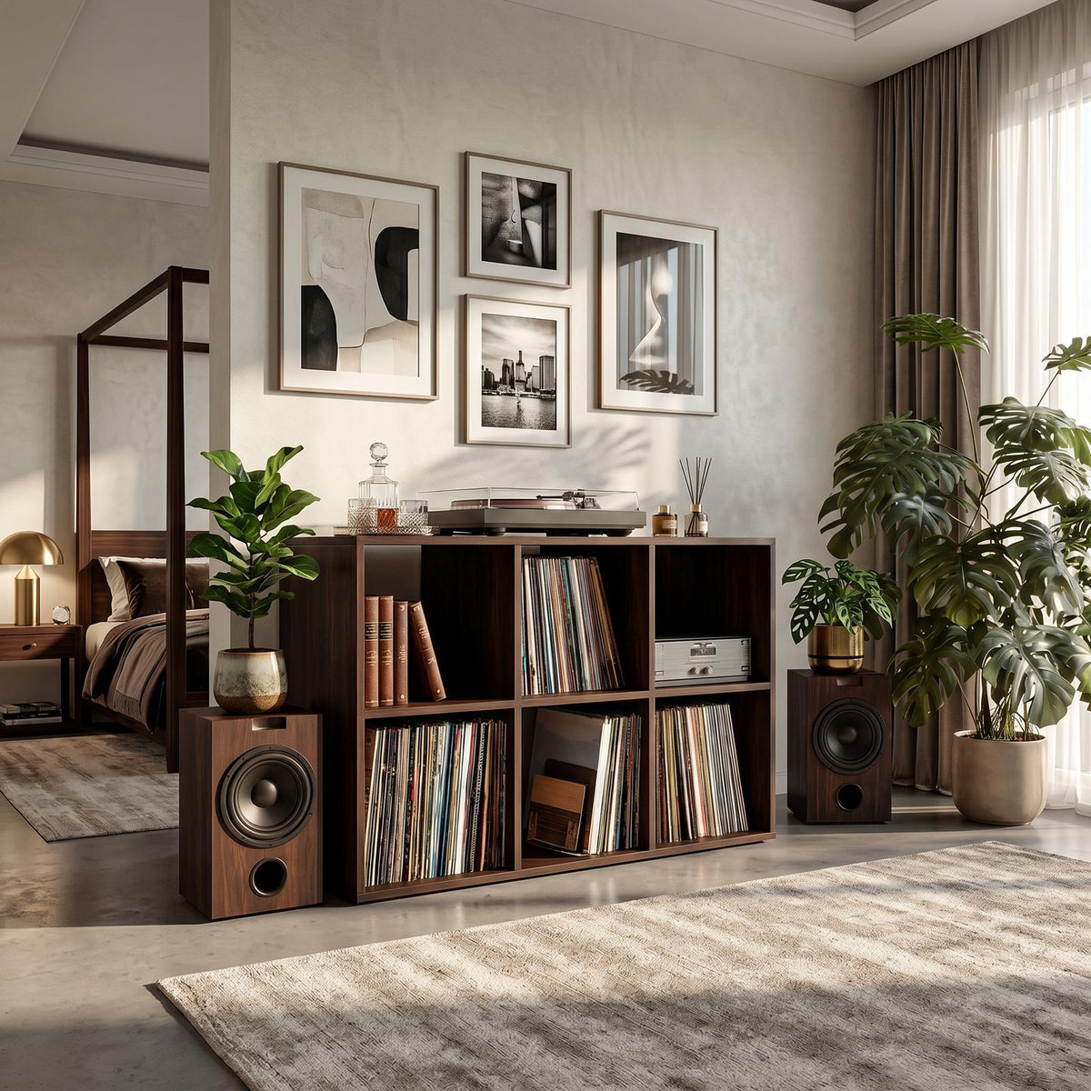 Mid-Century Wood Vinyl Record Storage Cabinet, Handcrafted Retro Turntable Stand with Album Divider Shelf, Model