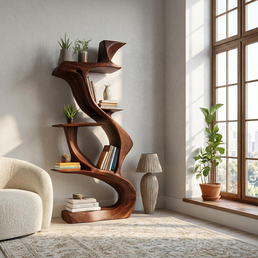 Sculptural Natural Wood Bookshelf, Handcrafted Solid Wood Standing Bookcase for Luxury Living Room & Home Decor