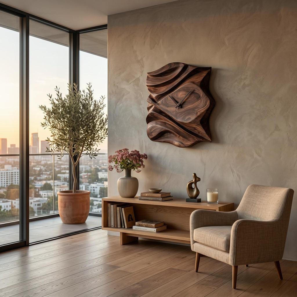 Contemporary Wooden Wall Clock, Hand-Carved Abstract Wave Wood Accent Clock for Bedroom & Living Room Decor