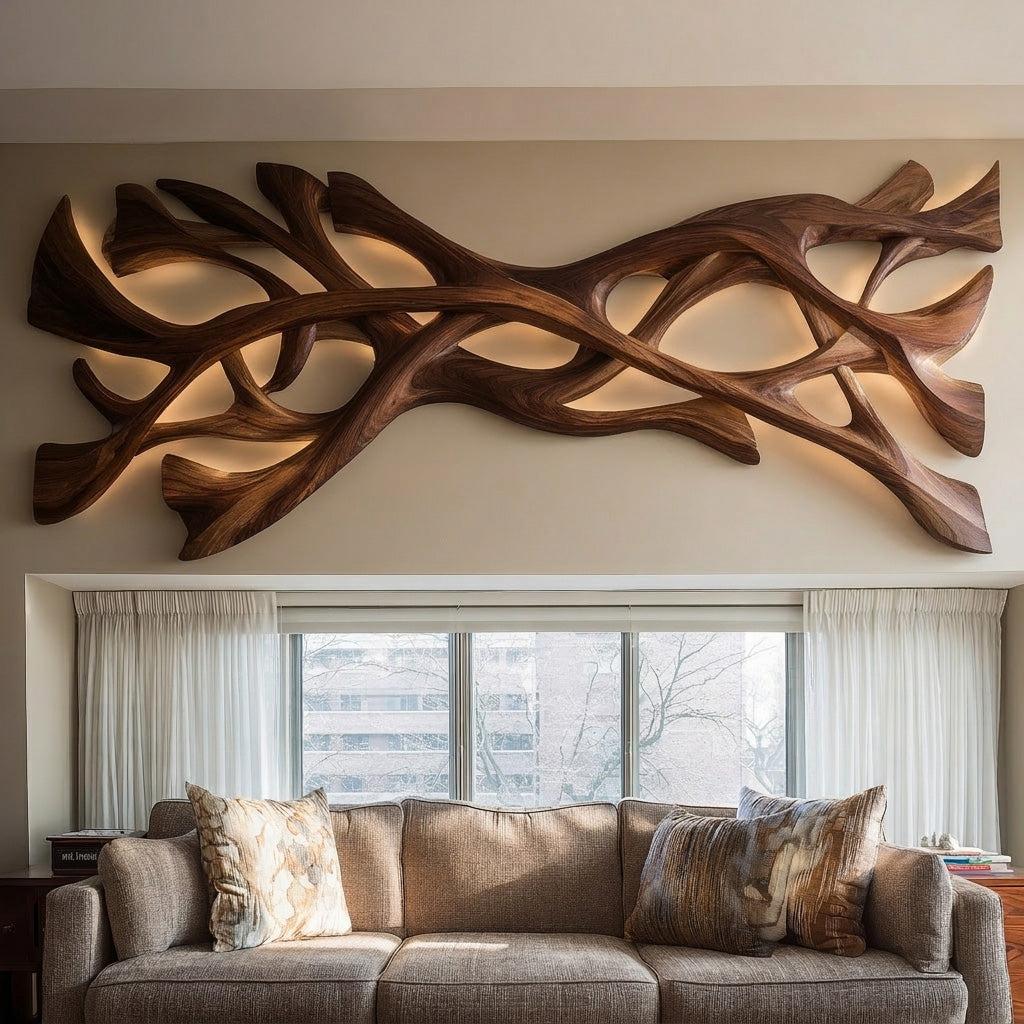 Organic Wood Wall Art, 3D Abstract Wave Hand-Carved Wooden Sculpture Panel for Contemporary Home Accent