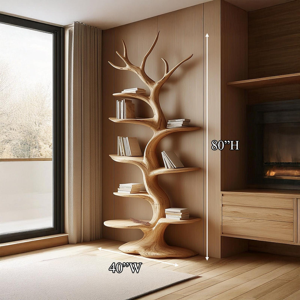Rustic Tree Bookshelf, Solid Wood Large Wall Unit Bookcase & Handcrafted Floating Display Organizer for Living Room