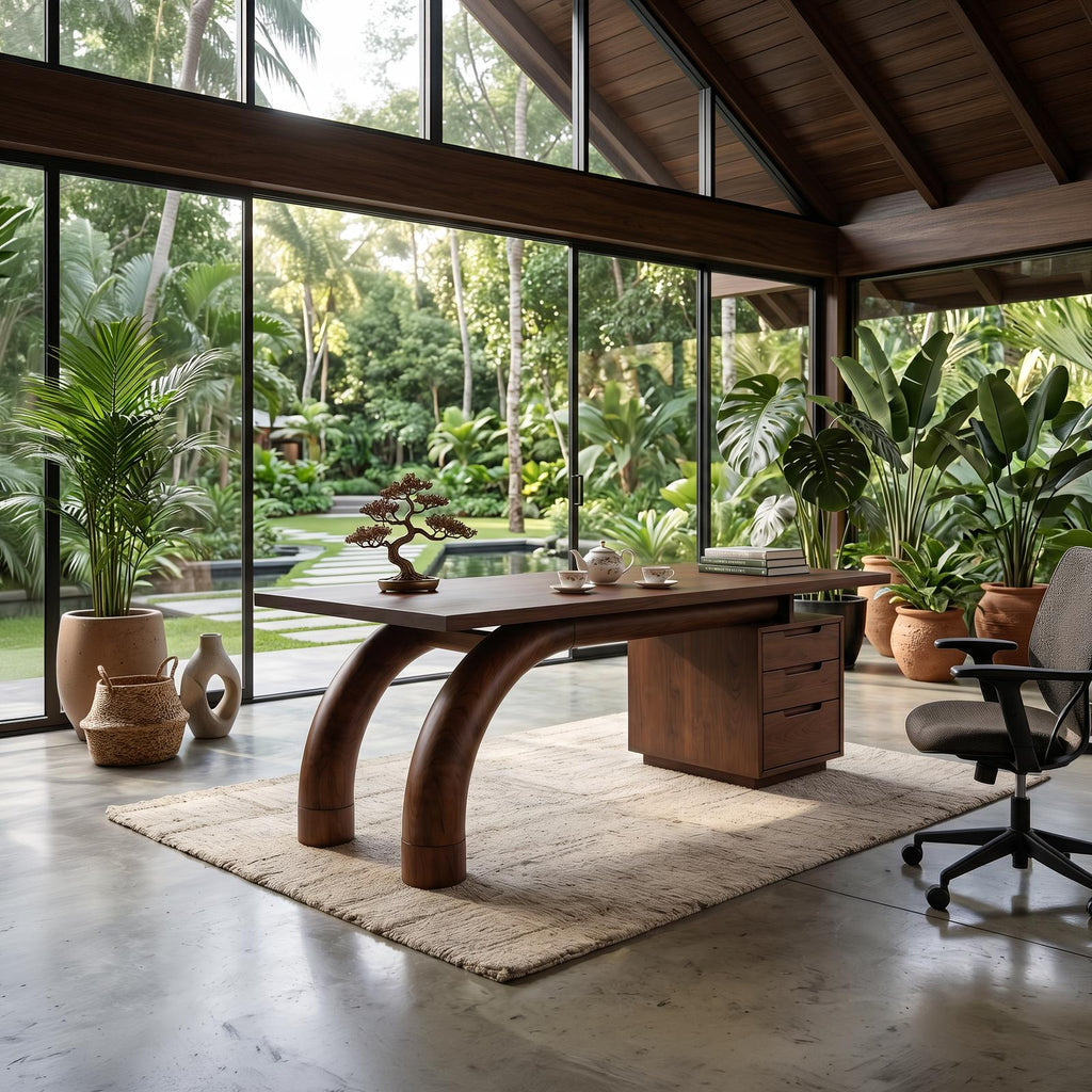 Modern Curved Solid Wood Office Desk with Open Shelf Storage, Handcrafted Laptop Computer Desk, Study Writing Table