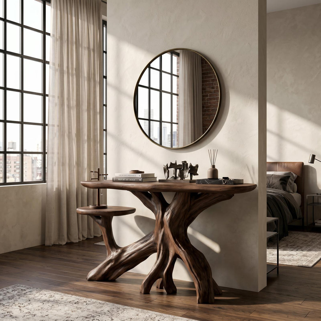 Spry Interior Japandi Zen Wood Console Table, Minimalist Entryway Foyer Table & Bedroom Makeup Dressing Console, Solid Wood, SILDTTRCS069