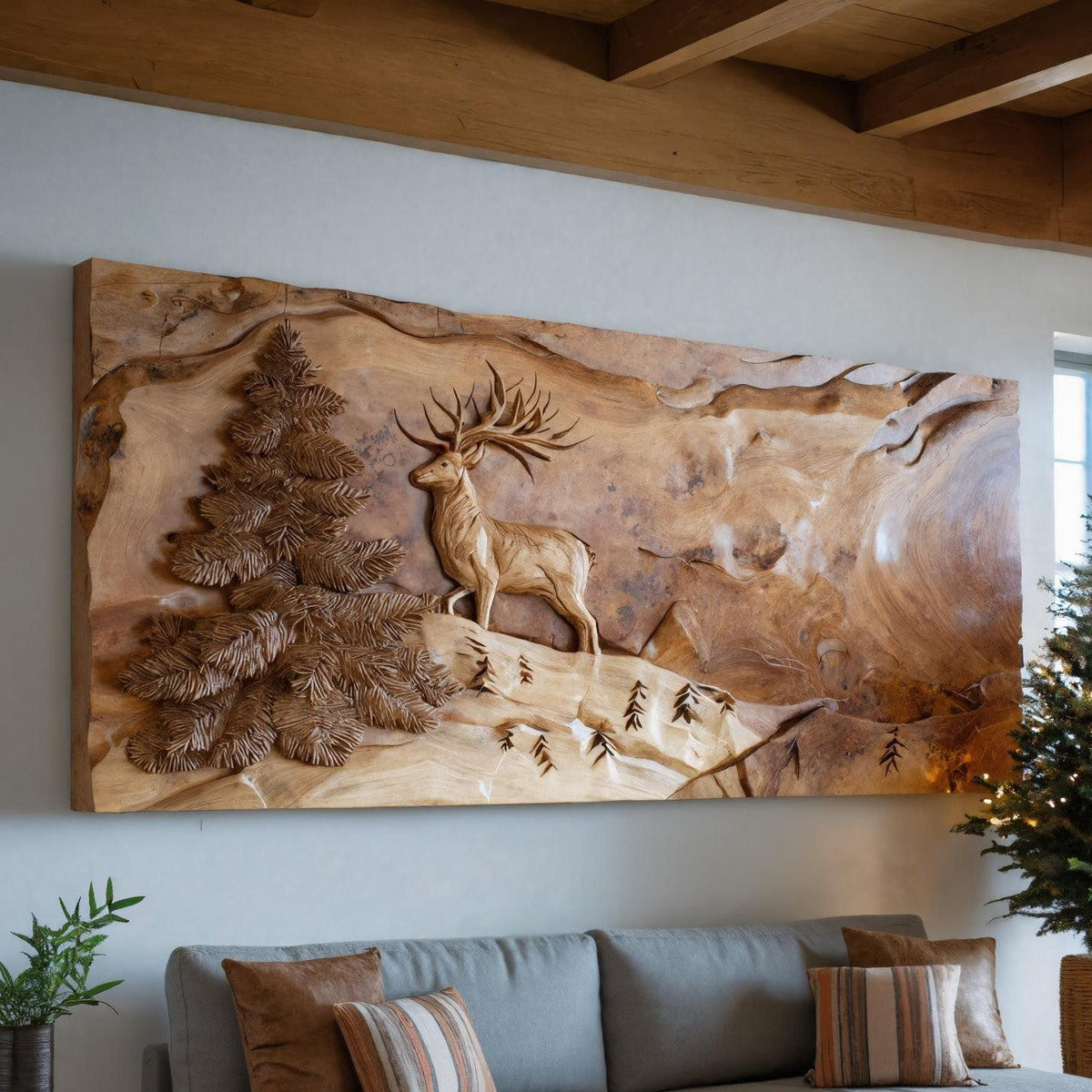 Spry Interior Rustic Wooden Wall Art with Carved Deer, Handmade Forest Cabin Wood Plaque Decor for Living Room, SITHHNWA015