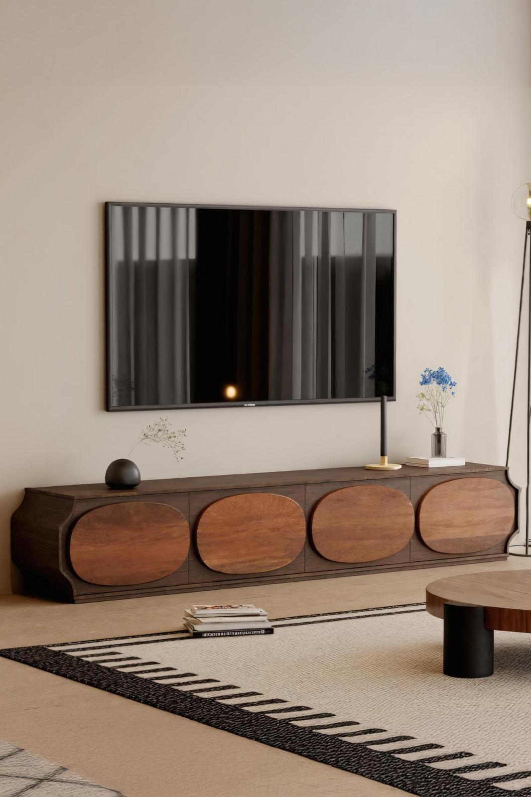 Modern Rounded Wood TV Console, Curved Media Stand & Entertainment Center Cabinet for Living Room