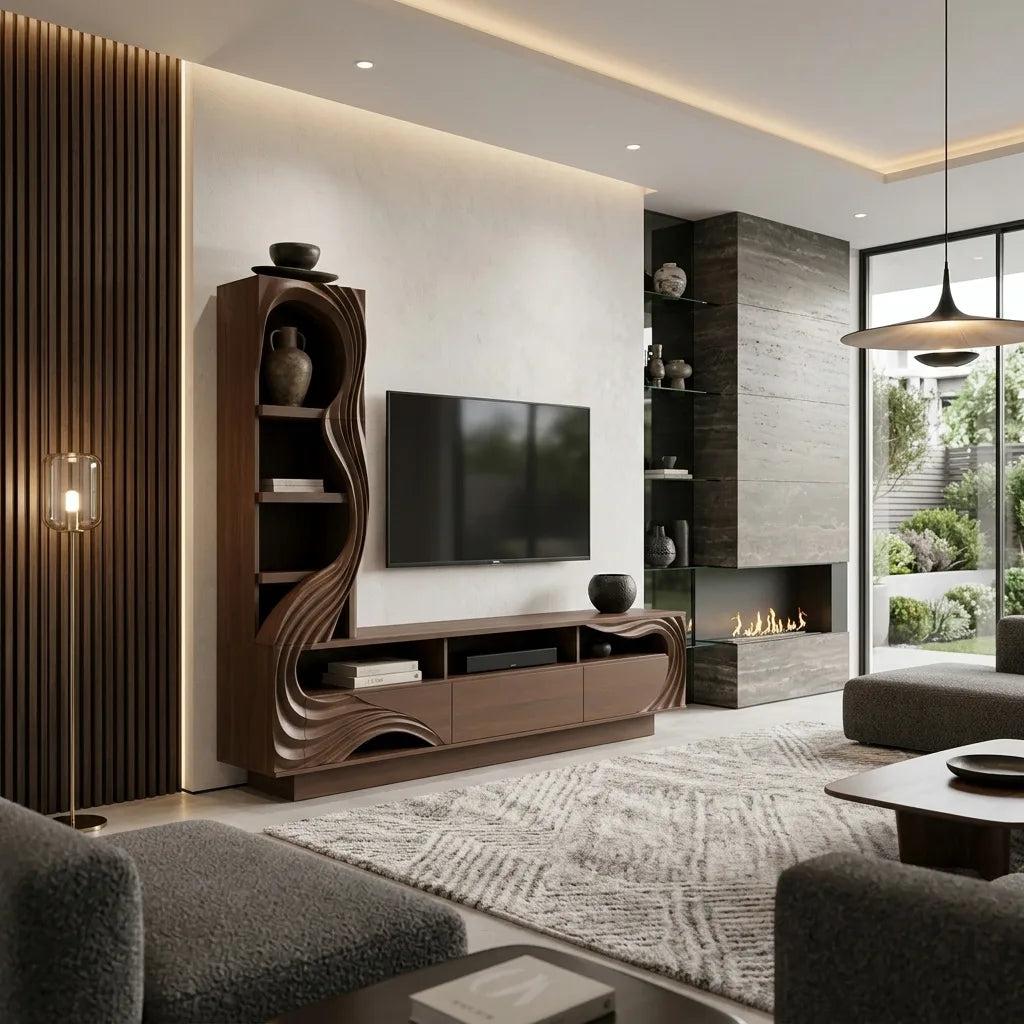 Modern Sculptural Wooden TV Console With Storage For Living Room