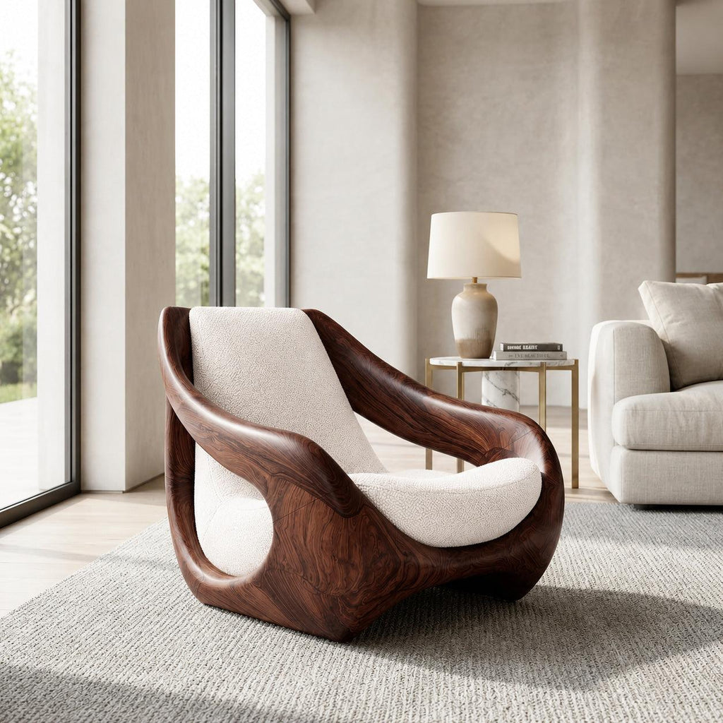 Sculptural Natural Wood Accent Chair, Artistic Handcrafted Solid Wood Lounge Armchair for Living Room