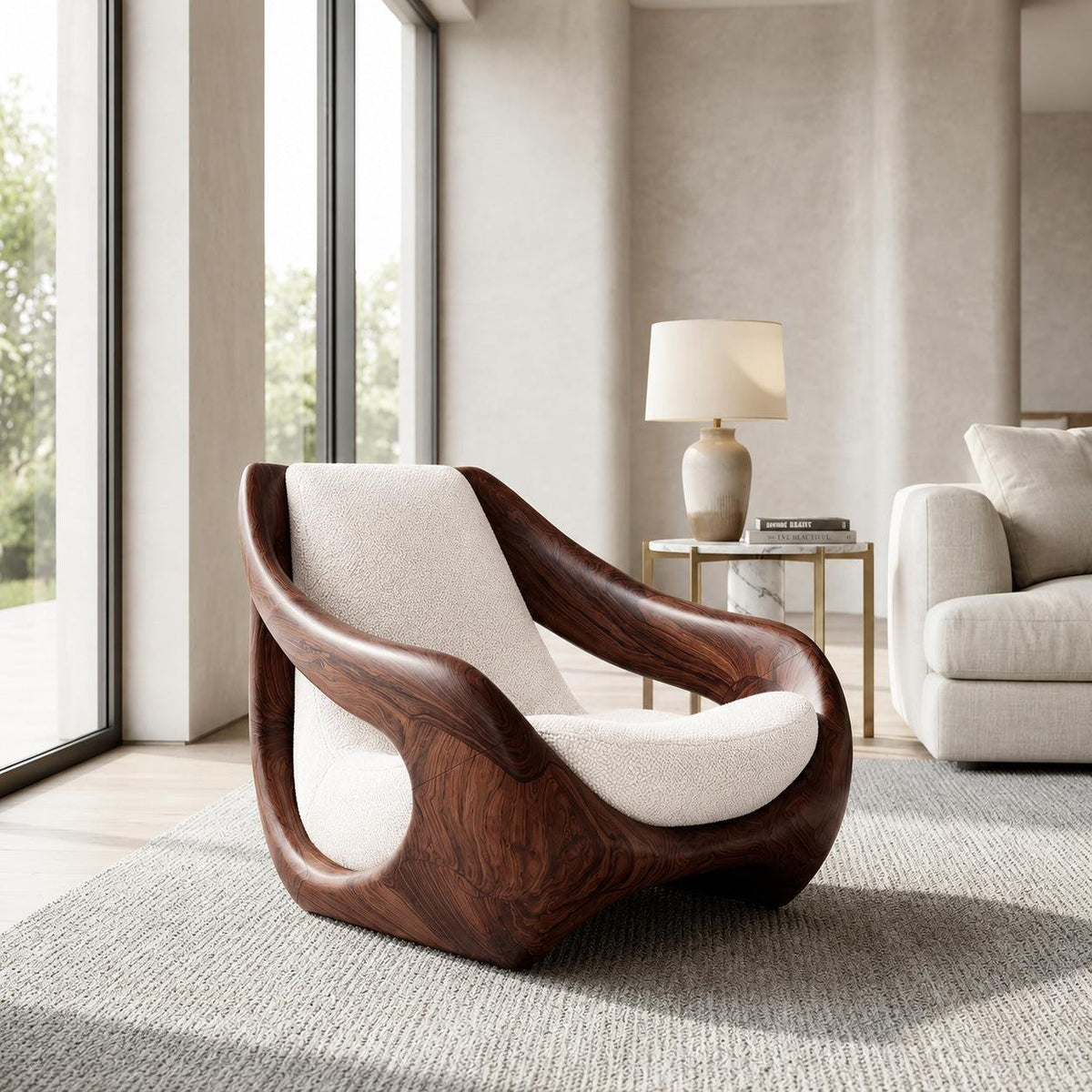 Sculptural Natural Wood Accent Chair, Artistic Handcrafted Solid Wood Lounge Armchair for Living Room