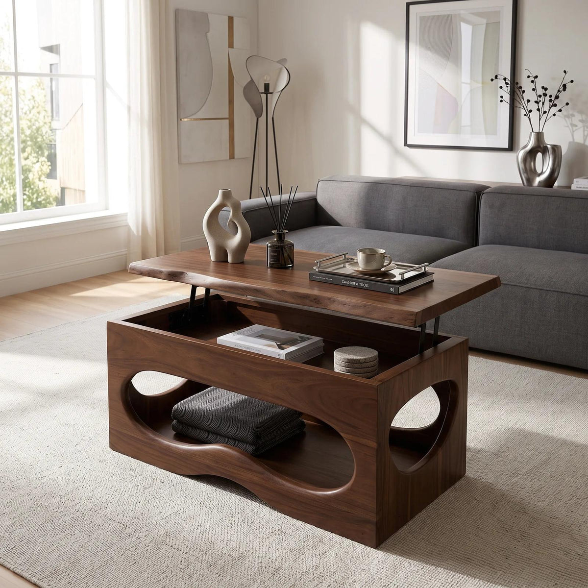 Organic Modern Lift Top Coffee Table Luxury Living Room