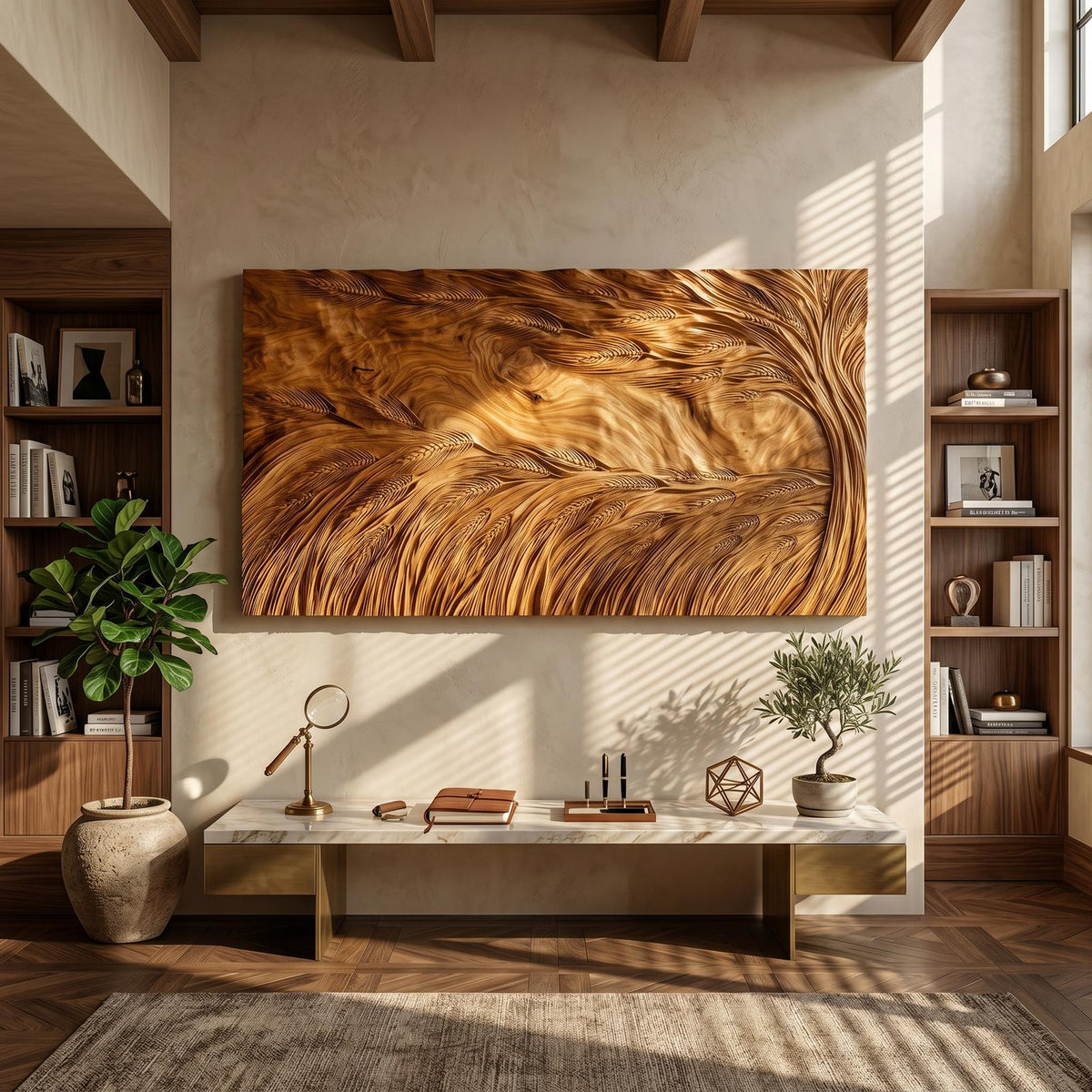 Sculptural Wooden Wall Art with Wave Texture, Abstract Carved Wall Panel for Living Room