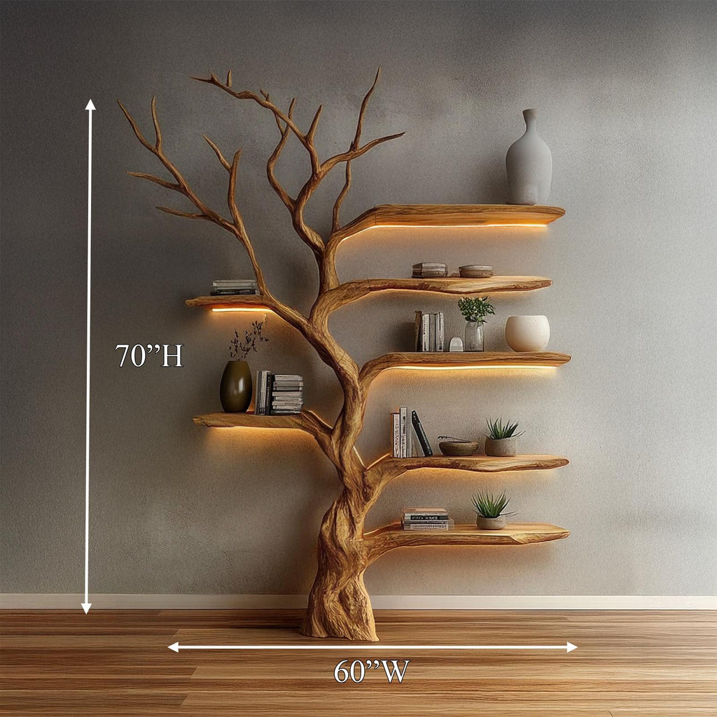 Rustic Organic Tree Bookshelf, Solid Wood Wall Mounted Branch Book Rack & Sculptural Display for Living Room