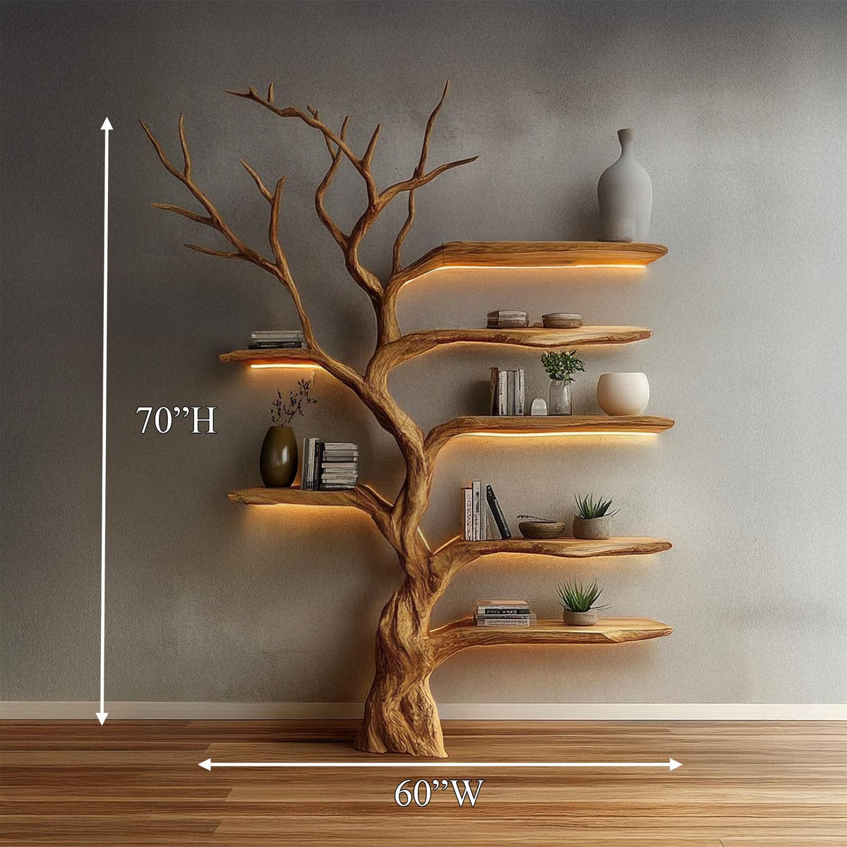 Rustic Organic Tree Bookshelf, Solid Wood Wall Mounted Branch Book Rack & Sculptural Display for Living Room
