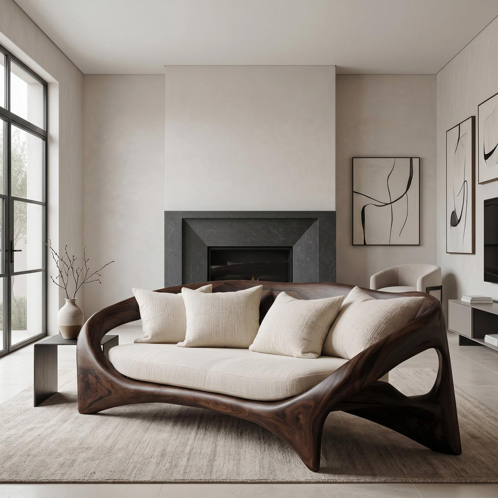 Organic Sculptural Sofa, Contemporary Solid Wood Settee, Modern Designer Couch for Living Room Lounge Space