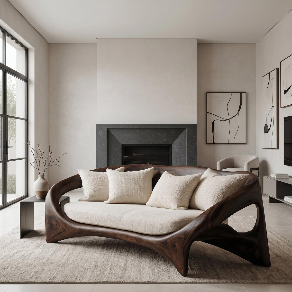Organic Sculptural Sofa, Contemporary Solid Wood Settee, Modern Designer Couch for Living Room Lounge Space