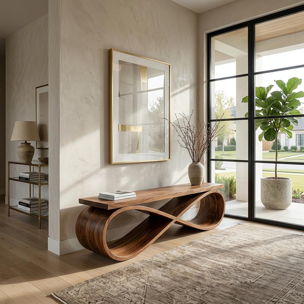 Infinity Loop Sculptural Bench, Contemporary Handcrafted Solid Wood Curved Bench Seat for Entryway & Living Room