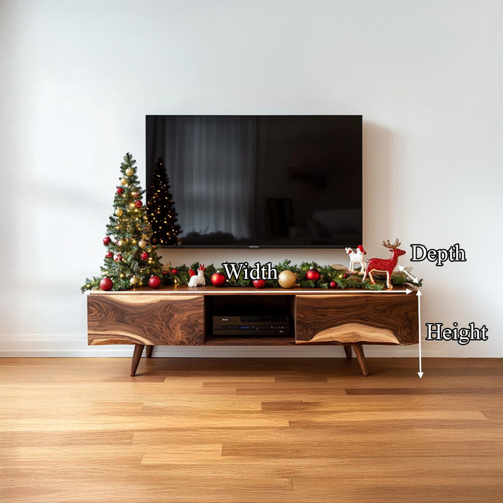 Mid-Century Wooden TV Cabinet, Modern Low Profile Media Console, Solid Timber Television Credenza for Living Room