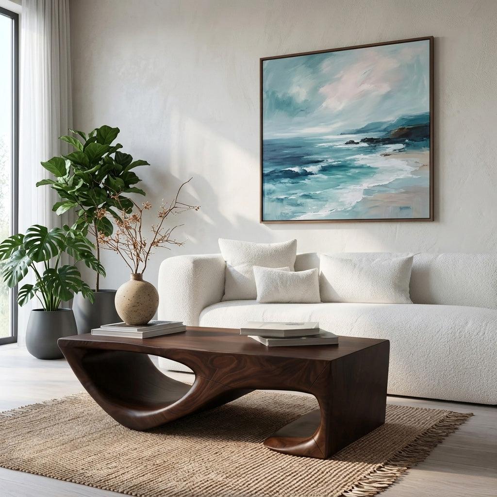 Spry Interior Minimalist Curved Wooden Coffee Table, Modern Organic Sleek Center Table for Living Room, Model RTTHHNCF047