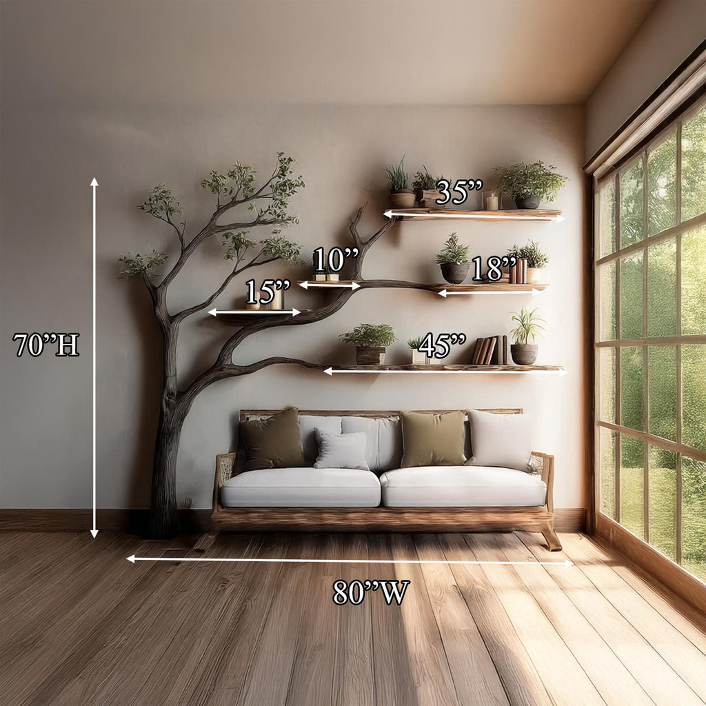 Rustic Branch Bookshelf, Solid Wood Wall Mounted Bookcase & Handcrafted Decorative Floating Organizer for Living Room