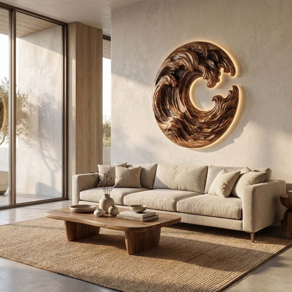 Organic Wooden Wave Wall Art, 3D Hand-Carved Ocean Wave Wood Wall Sculpture Panel for Coastal Living Room