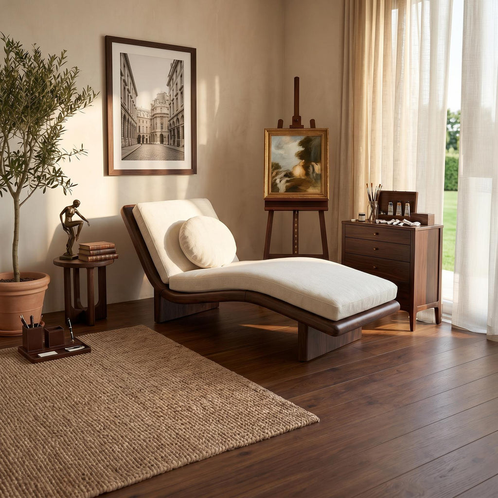 Spry Interior Minimalist Solid Walnut Chaise Lounge, Serene Coastal Daybed Sleeper Sofa for Living Room, SILDTTRDB005