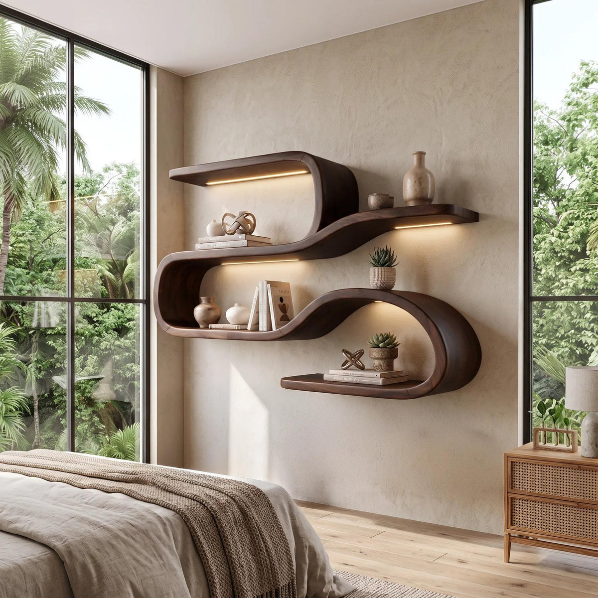 Mid Century Curved Wood Shelves for Coffee Bar