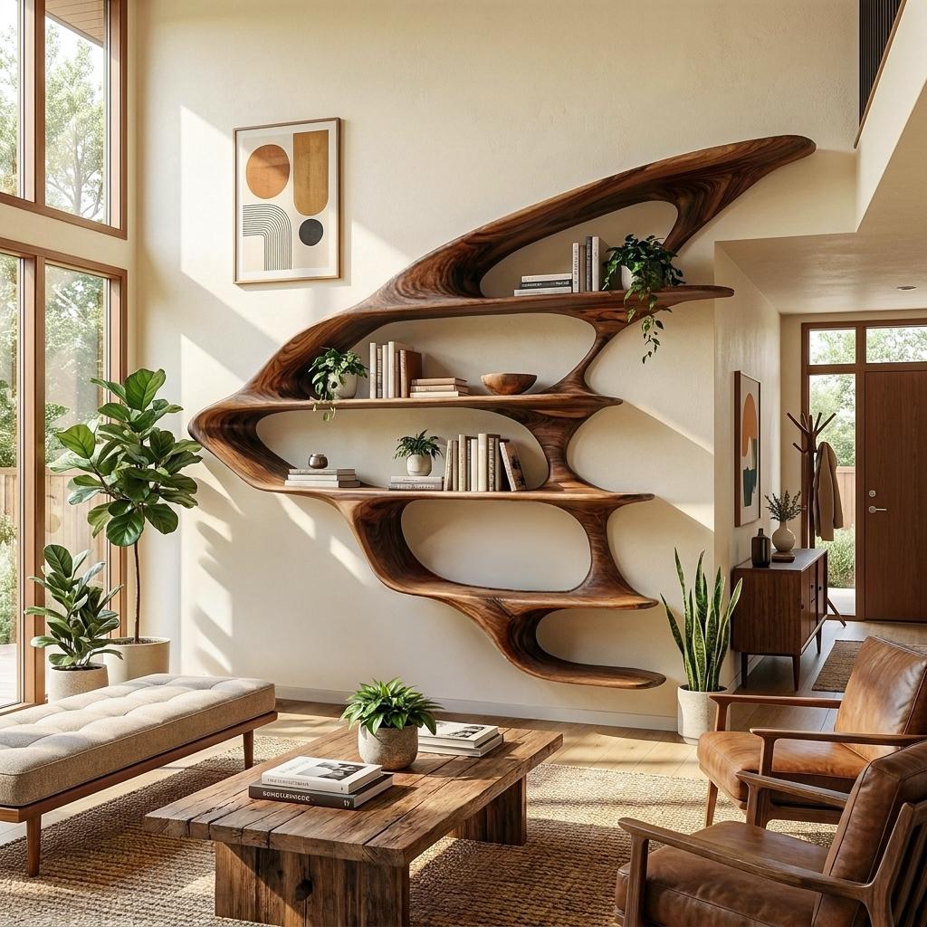Wooden Floating Bookshelf with Unique Sculptural Design, Handcrafted Wall Mounted Display for Living Room & Office
