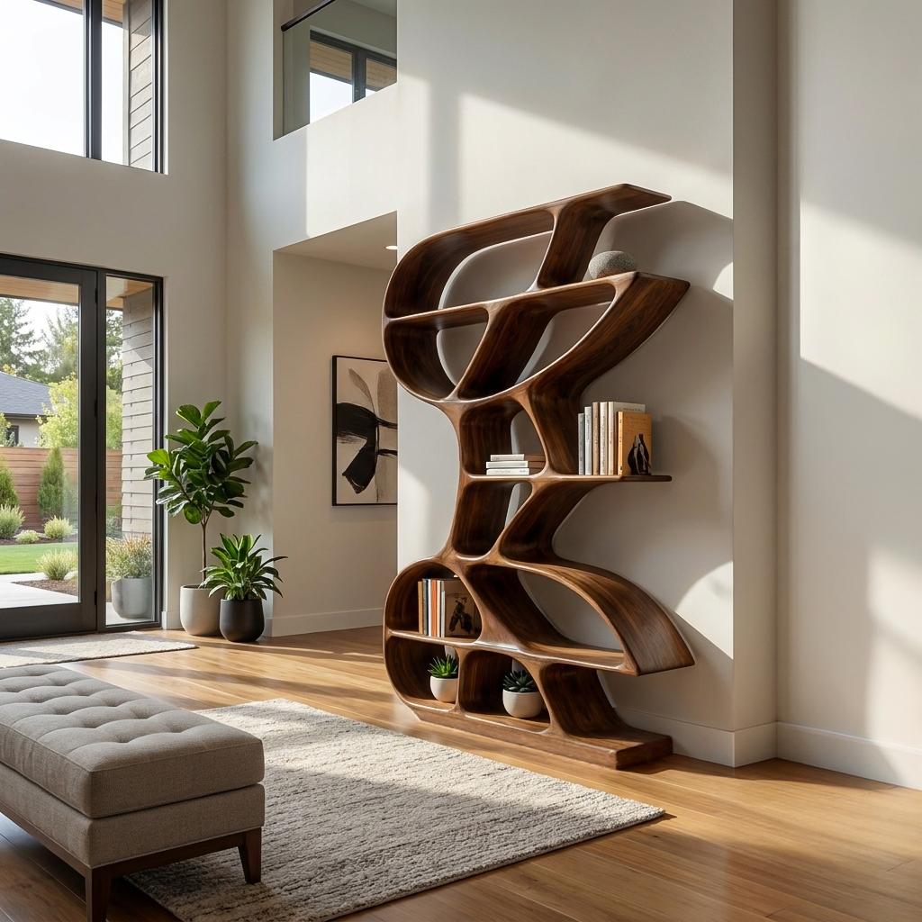 Wooden Bookshelf with Unique Sculptural Design, Handcrafted Solid Wood Bookcase for Modern Living Room & Office