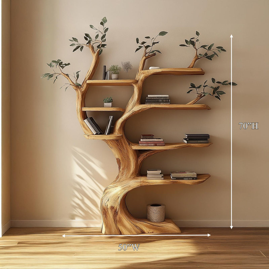 Handcrafted Tree Storage Shelf, Solid Wood Branch Display Bookcase, Statement Living Room Wall Interior Decor