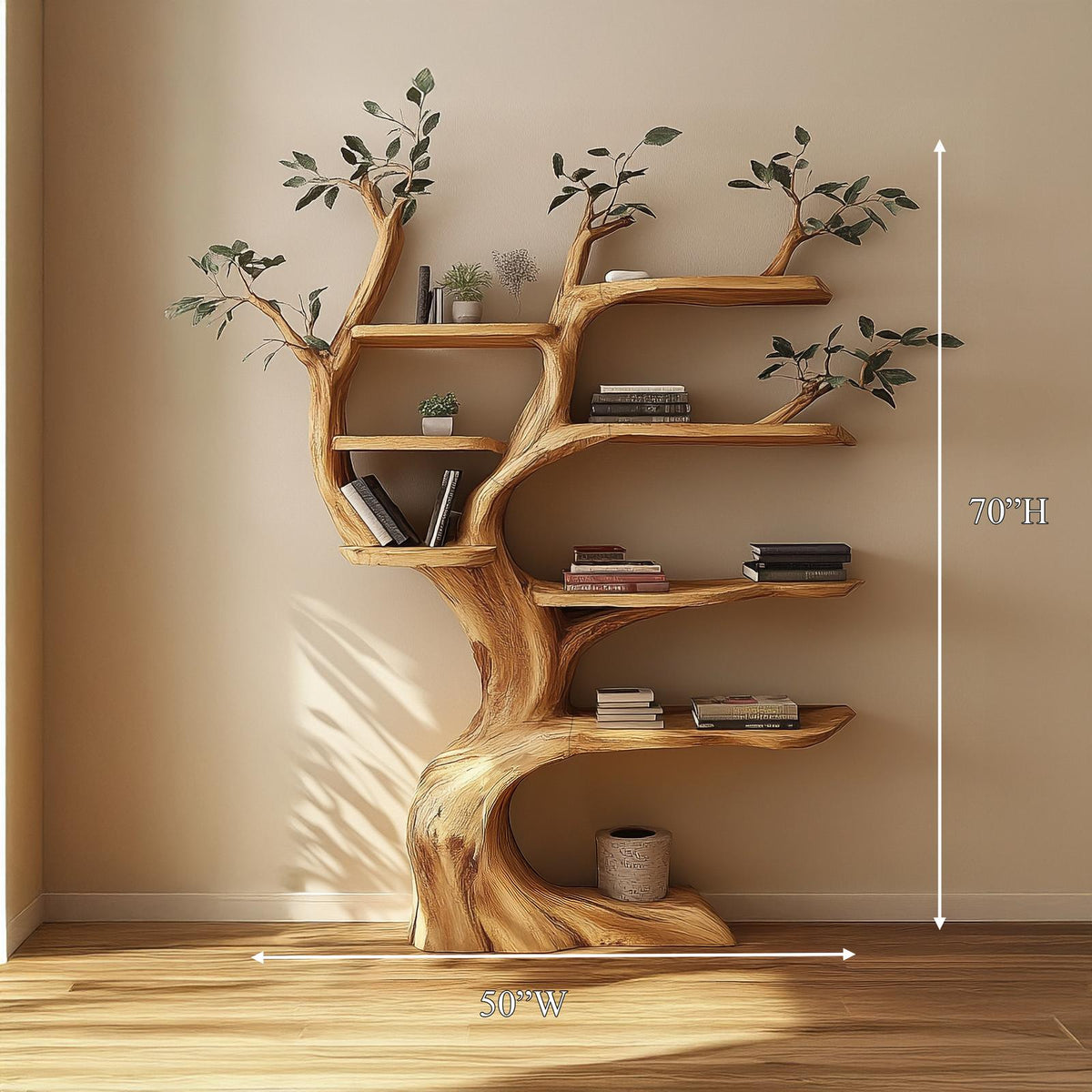 Handcrafted Tree Storage Shelf, Solid Wood Branch Display Bookcase, Statement Living Room Wall Interior Decor