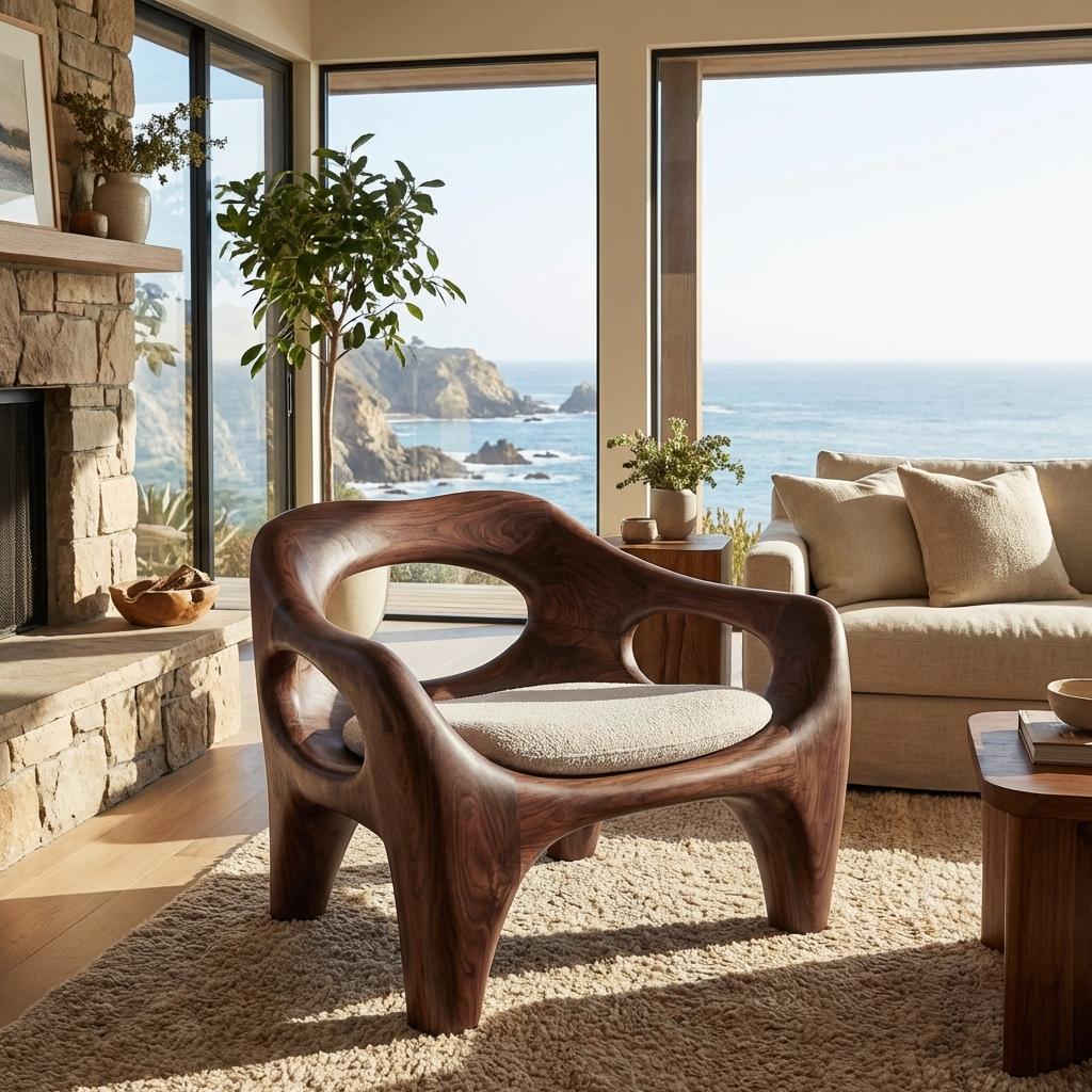 Modern Sculptural Natural Wood Accent Chair, Handcrafted Solid Wood Lounge Armchair for Living Room & Office